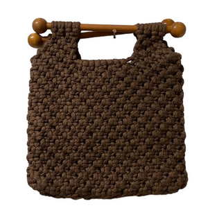 Vintage hand made crocheted purse w/ wooden knob handle. Brown Boho purse (1294)